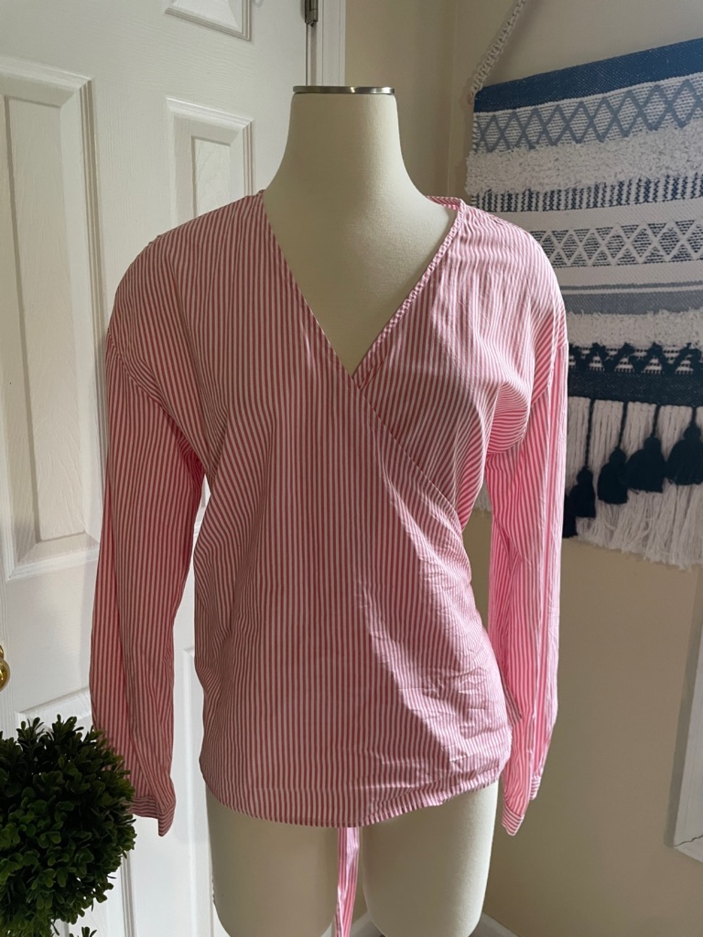 A New Day Pink and White Striped Preppt Coquette Wrap-Front Blouse